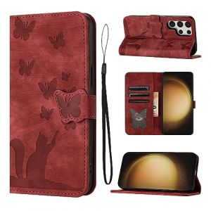 LSPCASA Housse Protection pour Samsung Galaxy S23 Ultra 6.8 Pouces Mat&eacute;riau en Cuir PU Coque Samsung S23 Ultra avec Fentes pour Cartes &Eacute;tui Motif Papillon Chat Rouge (SINGGEADA, neuf)