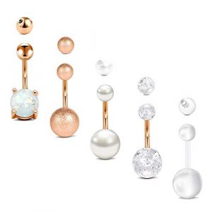 Mayhoop 14G Piercing Nombril 10mm avec Boule Supérieure Acier Inoxydable opaline Zircon Perle 5Pcs Corps Piercing Bijoux Femmes Filles (Mayhoop, neuf)