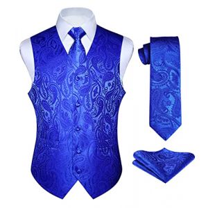 Enlision Gilet Costume bleu royal Homme Mariage Paisley Ensemble de Cravate et Pochette Jacquard Gilets sans Manche pour F&ecirc;te M (QIWEIEUR, neuf)