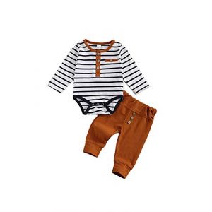 Vêtement Bébé Garçon Ensemble Barboteuse à Rayure Manches Longues + Pantalon Décontracté Tenue Ensemble 2 Pièces Automne et Hiver pour Nouveau-né Garçon (Kaki, 0-3 Mois) (weiweiedou, neuf)