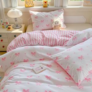 Freyamy Housse de Couette 140x200+1 Taie d'oreiller 65x65cm Blanc Rose Noeud Papillon C&oelig;ur Parure de lit en Microfibre Ado Sets de Housse Couette Adulte Filles avec Fermeture &Eacute;clair (Mitchell'SZ, neuf)