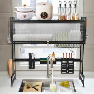 LANTUS &Eacute;gouttoir &agrave; Vaisselle au-Dessus de l'&eacute;vier &agrave; 2 Niveaux Antirouille avec Porte-ustensiles et Support pour Planche &agrave; d&eacute;couper pour Rangement et Organisation de Cuisine (85 * 30 * 78cm-Noir) (Hechheu, neuf)