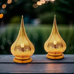 Lot de 2 lanternes orientales en métal Ezana Gold 36 cm | Lanterne de jardin marocaine pour l'extérieur ou l'intérieur | Photophore oriental marocain de jardin suspendu ou à poser (Marrakesch-Shop, neuf)