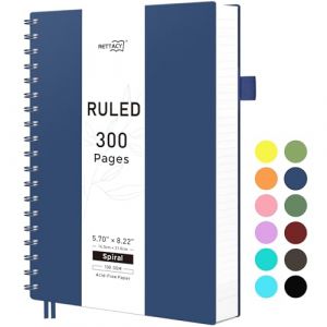 RETTACY Cahier &agrave; spirales A5 - 150 feuilles/300 pages pour &eacute;crire - Papier lign&eacute; universitaire 100 g/m&sup2; - Couverture rigide en PVC - 14,5 x 21 cm - Bleu marine (Lakatec, neuf)
