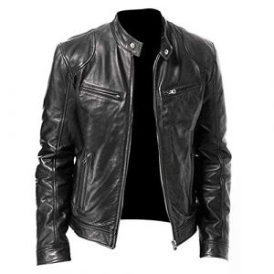 Veste en cuir PU pour homme, noir, couleur unie, blouson de motard, chaud, coupe-vent, avec poches, pour les sports de plein air, style vintage, Noir , XL (發財rich EU, neuf)