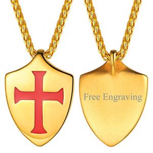 FaithHeart Pendentif Homme Personnalisable Chevalier Templier Plaqu&eacute; Or Acier Inoxydable,Collier Bouclier &agrave; Graver avec Cha&icirc;ne Ajustable 55cm,Bijoux Religion Bapt&ecirc;me pour Hommes et Gar&ccedil;ons (FaithHeart Jewellery, neuf)