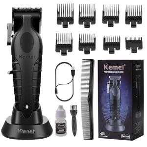 KEMEI 2296 Tondeuse à Cheveux Professionnelle Homme, Sans Fil/Cordon, Tondeuse Cheveux et Barbe, Lames en T, Recharge USB, Noir (Kemei Professional Clippers, neuf)