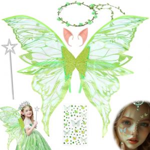 KOVSGQ Ailes De Fée Adulte Aile De Fee Adulte Ailes De Princesse 5 Pcs Ailes De Papillon avec Oreilles d'Elfe Bandeau De Fée Et Baguettes De Fée Étoile Costume d'Aile pour Carnaval Ou Soirées (Vert) (Travenix-US, neuf)
