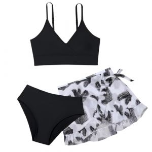 Ensemble 3 Pi&egrave;ces Ado Fille 8-14 Ans Hauts De Maillots + Bas De Maillots Tanga + Jupe Maillot De Bain Adolescente Fille Natation Piscine Sport Plage (Noir, 8-9 Ans) (SoLu DAY8, neuf)