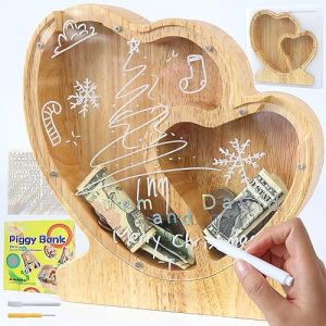 Lakpopya Tirelire en Bois Grande pour Enfant Adulte Tirelire Cochon Personnalisée de Lettres A-Z avec Zone Cible Tirelire Billet Transparente Créative pour Cadeau Décoration Baptême (Coeur-2) (Never fail, neuf)