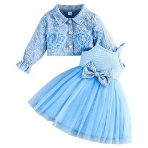 Kunyeah Robe tutu pour bébé fille avec cardigan en tulle sans manches avec veste en dentelle florale pour tout-petits, Bleu, 6-9 mois (Kunyeah, neuf)