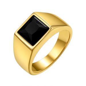 GoldChic Bague Chevaliere Homme Or Plaque 57 Acier Pierre Noir Petit Anneau Zircon Inoxydable Bagues Garcon Zirconium Bijoux Index Annulaire Auricualire (GoldChic Jewelry Store, neuf)