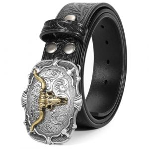 BELTROAD Ceinture occidentale en cuir avec boucle pour homme et femme, cowboy, cowgirl, ceinture en cuir pour jeans, ceinture de No&euml;l pour hommes, cadeaux, 03-noir (boucle Bullhead bronze), for Wasit (zhiyuan store, neuf)