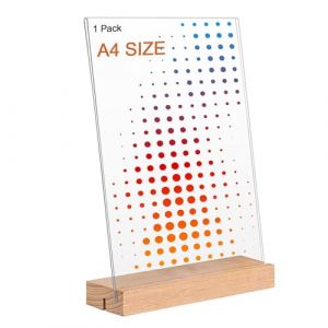 Whemyreat 1 présentoir de table avec pied en bois - Format A4 - En acrylique transparent - En forme de L - Double face - Pour mariage, bureau, café, restaurant, magasin (prunejuices, neuf)