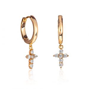 ZAVANA Boucles d&rsquo;Oreilles Cr&eacute;oles Dor&eacute;es pour Femme &ndash; Petites Cr&eacute;oles Huggie avec Pendentif Croix serti de Pierres Zirconium, Bijoux Dor&eacute;s &Eacute;l&eacute;gants et Modernes pour Femme ou Jeune Fille (Anakao, neuf)