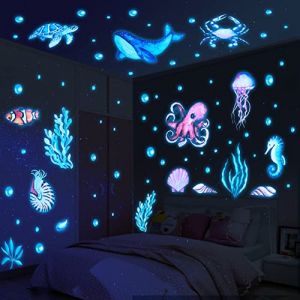 Yosemy Autocollants Lumineux Vie Marine Stickers Muraux sous la Mer Poissons Fluorescent Autocollant pour Chambres d'enfants Décoration de Plafond Bleu (Minana, neuf)