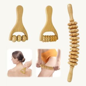 Lot de 3 Masseur Anti Cellulite Rouleau de Massage en Bois avec Poign&eacute;e, Rouleau Massage Aanti Cellulite pour Drainage Lymphatique Soulagement des Douleurs Musculaires et D&eacute;tente (HuiFAN, neuf)