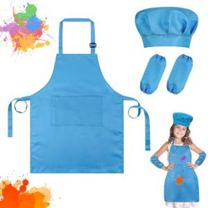 Ainiv Tablier Cuisine Enfant, R&eacute;glable Ensemble Tablier et Toque de Chef pour Enfants, avec 2 Manches et 2 Poches, Tablier Peinture Enfants pour P&acirc;tisserie, Cuisine, Peinture, pour 7-13 Ans, Bleu (HUAYOTO, neuf)