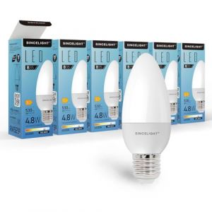 SINCELIGHT Ampoule LED en forme de bougie B35 et culot E27, IRC (RA≈92), Diffuseur laiteux, 5W, Blanc Froid (6500K), 500lm, Lot de 6 (SINCELIGHT, neuf)