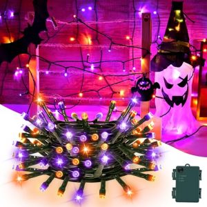 Gcstnn Guirlande Lumineuse, Lumières d'Halloween 5M 50LED Intérieur et Extérieur, Fonction Minuterie, Étanche Guirlande LED à Pile pour Décoration Halloween Fête Club Jardin Fenêtre Mur Orange Violet (GI.Store, neuf)