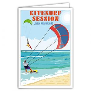 AFIE 69-4363 Carte Joyeux Anniversaire avec Enveloppe - Mini Poster Format 17x11,5cm Style R&eacute;tro Vintage - Kitesurf Sport Nautique Mer Oc&eacute;an Vagues Vent Plage Sable - Fabriqu&eacute;e en France (A.F.W., neuf)