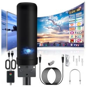 Antenne TV Int&eacute;rieur Ext&eacute;rieure Puissante, IP66 Antenne TNT Anti-Foudre R&eacute;ception &agrave; 360 &deg; avec Amplificateur Signal Booster et C&acirc;ble Coaxial de 13m pour DVB-T DVB-T2 1080P 4K VHF UHF DTMB (Noir) (YiDiChenFei, neuf)