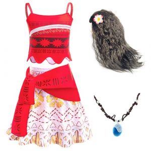 Emin Fille Robe de Princesse Vaiana avec Collier et Perruque Déguisement de Vaiana Princesse Costume Noël Anniversaire Fête Halloween Carnaval Cosplay Enfants Princesse Robe (Emin-uk, neuf)