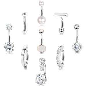 Morfetto Lot de 9 Piercings Nombril Acier Chirurgical Piercing Nombril Anneau 14G CZ Perle Clicker Percing au Nombril Or Argenté Ventre Piercing Nombril Bijoux pour Femmes Argenté 10mm (Morfetto Jewelry, neuf)