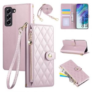 Rosbtib &Eacute;tui pour Samsung Galaxy S21 FE 5G 2022 6.4 Pouces, Coque pour t&eacute;l&eacute;phone Portable en Cuir PU avec Broderie en Losange, Galaxy S21 FE 5G &Eacute;tui &agrave; Rabat avec dragonne et bandouli&egrave;re, Rose (Tengkai Technology, neuf)