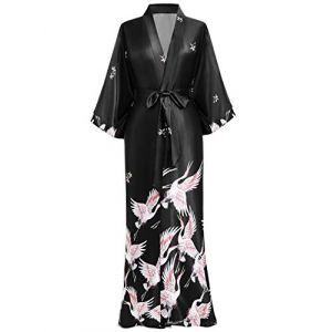 BABEYOND Kimono Long en Satin Robe de chambre Longue pour Femme Peignoir Long Satin avec Motif Grue (Taille Unique) (Noir) (BABEYOND  FR, neuf)