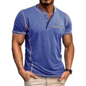 LAOARA Tee Shirt Homme T Shirt T-Shirts &agrave; Manches Courtes Homme Henley Col Tunisien Boutons L&eacute;g&eacute;re Tshirt Bleu XL (Laoara Store, neuf)