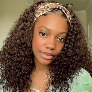 Perruque Bandeau Cheveux Humain Deep Wave Perruque Bresilienne Bouclée 18 Pouces(45cm) 150% Densité Perruque Femme Naturelle Brésilien Cheveux Humain Non Lace Curly Headband Wig Chocolate Brown (RuiBeiSai, neuf)