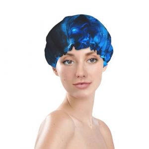 Bonnet de douche pour femme, r&eacute;utilisable, imperm&eacute;able, double couche, bande &eacute;lastique, bonnet de bain pour cheveux longs, bonnet de bain pour cheveux de loup bleu feu cool pour douche (JinRui-EU, neuf)