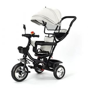 OHMG Tricycle 4 en 1 pour bébé, auvent pliable pour enfants, tricycle évolutif, tricycle avec pédales et ceintures à 3 points, vélo pour bébé, avec accessoires pratiques, 2 paniers, 9 mois (jusiZL, neuf)