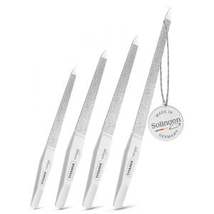 TITANIA® Solingen Lot de 4 limes à ongles saphir – Limes professionnelles (12/15/17/20 cm) avec manche blanc – Lime à ongles pour ongles naturels – Accessoires manucure et pédicure de haute qualité (TITANIA Shop, neuf)