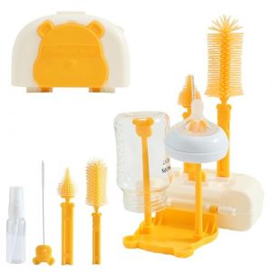 FUSACONY Goupillon Biberon 7 en 1 Brosse Biberon Bébé Silicone, Brosse pour Nettoyer Tétines,Brosse à Paille,Séchoir À Biberons,Distributeur de Savon pour Biberon,Égouttoirs et Organisateur (Jaune) (Lihehe, neuf)