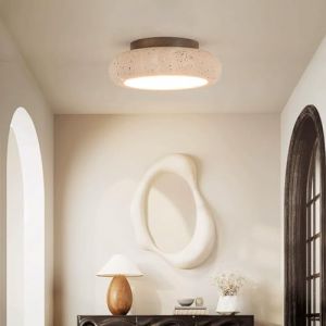 Kikioo Plafonnier en travertin Jaune de Style Japonais, plafonnier en Pierre Wabi Sabi, Cylindre LED 18W Vintage près du Plafond pour Chambre Couloir entrée Cuisine Foyer (Yongxinghui store, neuf)