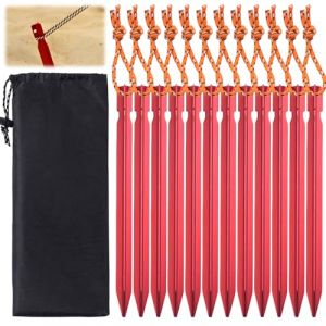 Lot de 12 Sardine Tente 18 Cm avec Corde R&eacute;fl&eacute;chissante,Piquet De Tente,Sardines Camping,Piquets De Tente,Sardines De Fixation,avec Pochette De Rangement,pour B&acirc;che De Camping B&acirc;che De Plage (Rouge) (YIQings-US, neuf)
