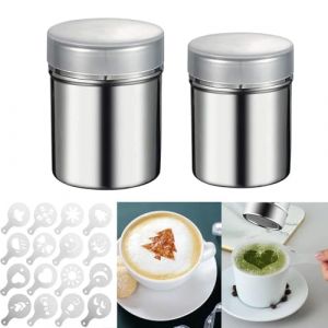 Lot de 2 saupoudreurs de sucre en poudre pour cappuccino &ndash; 16 pochoirs en forme d'impression, accessoires de caf&eacute; en acier inoxydable, saupoudreur de farine avec couvercle (WXR2023, neuf)