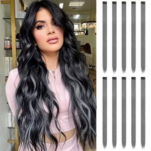 FESHFEN Extension de Cheveux Colorés, Couleur Gris Extensions de Cheveux 10 PCS Naturel Synthétique colorés Gris Postiche Cheveux Long Raides Extensions de Cheveux pour Femmes 55 cm (colorful ＆ easy life, neuf)