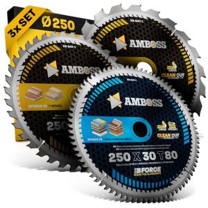 AMBOSS lame scie circulaire 250x30mm (set de 3) - lame de scie 250x30 - lame scie circulaire Ø 250mm - compatible Mafell Erika 85 EC, DWE 7492 et bien plus encore (Sawblade King, neuf)