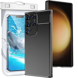 KUSINHOKA Coque pour Samsung Galaxy S23 Ultra + Pochette Étanche Smartphone, Souple Silicone [Antichoc] Étui de Protection, Anti-Rayures Fibre de Carbone Case Housse, Noir (DIMANY, neuf)