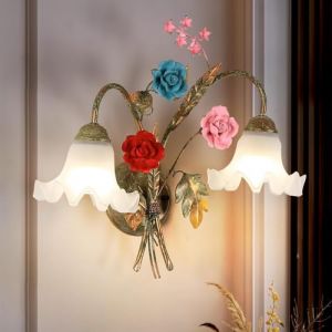 meibeileil Applique Murale IntéRieure RéTro 2 têtes, Applique Murale En MéTal En Forme De Fleur Et D'Herbe Abat Jour En Verre,E27 Chambre Couloir AlléE Escalier DéCoratif Lampe Murale 48 * 42Cm (XSRK, neuf)
