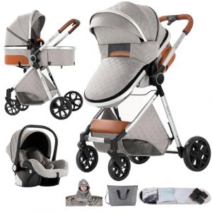 Nine point nine Poussette 3 en 1, Poussette Bebe avec Double Modes de Poussée Réversibles, Poussette Canne avec Nacelle Confortable, Pousettes avec Cadre Aluminium Haute Paysage (YV9 Light Grey) (Kaiwen baby products, neuf)