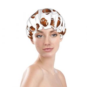 Bonnet de douche pour femme, r&eacute;utilisable, imperm&eacute;able, double couche, bande &eacute;lastique, bonnet de bain pour cheveux longs, bonnet de bain marron rugby am&eacute;ricain pour douche (JinRui-EU, neuf)