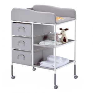VEVOR Table &agrave; Langer Portable, Plan &agrave; Langer avec 3 Tiroirs en Tissu et Roulettes Verrouillables, Meuble pour B&eacute;b&eacute;s Multifonctionnel avec Rangement, Hauteur R&eacute;glable, pour Chambres d'Enfant, Gris (VEVOR Direct Store FR, neuf)