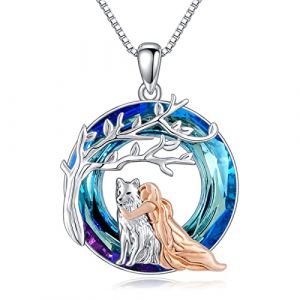ROMANTICWORK Collier loup en Argent Sterling Pendentif Cristal Loup et Fille Cadeaux Bijoux pour Femme (ROMANTICWORK Jewellery, neuf)