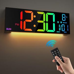 HAITANG Grande Horloge Murale numérique de 16" pour Salon, télécommande, Double Alarme, 8 Couleurs RVB, Grand écran LED, luminosité Automatique, Date, Heure d'été Automatique, température (WEI JIE UK Store, neuf)