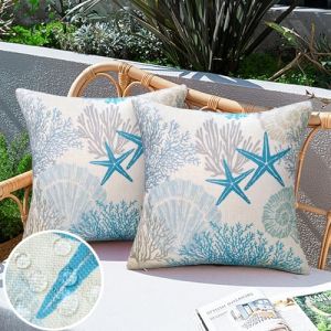 Housses de Coussin Imperméable Plage Océan Housse Coussin 40X40 Taie d Oreiller Coquille D'Étoile de Mer Housse de Coussin Extérieur Coussin Bleu Nautique Côtier pour Salon Maison Décoration 2 Pièces (CozyHome Choice, neuf)