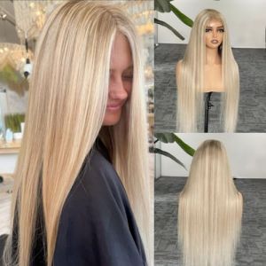 100% Cheveux Vierges Perruque Highlights Misty Moon Dor&eacute; Money Piece Blond Cendr&eacute; Lisses Densit&eacute; 160% Dentelle Nude UHD 13x4 Flexibilit&eacute; de S&eacute;paration Ligne de Cheveux Invisible (SXFYINOH, neuf)